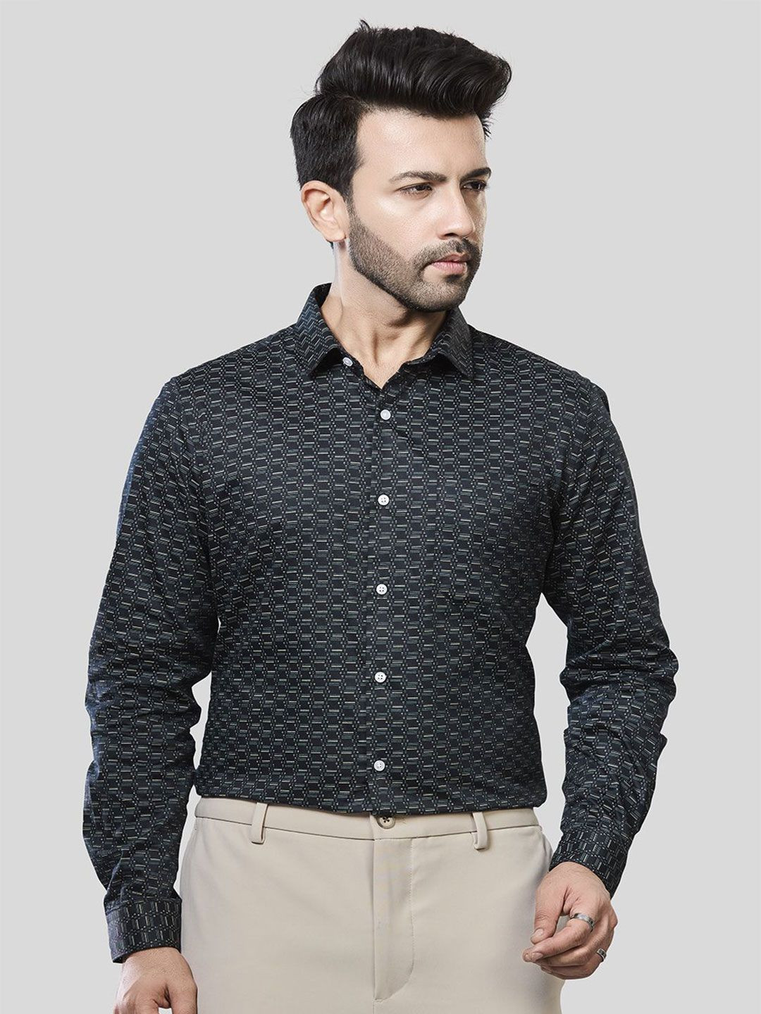 JONESBURG Men Classic Slim Fit Printed Spread Collar Cotton Shirt