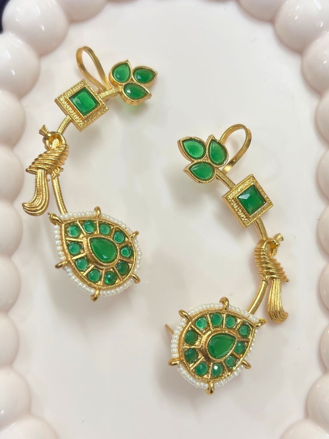 VIVAZS Gold-Plated Green Kundan Stone Studded & Beaded Peacock Shaped Ear Cuff
