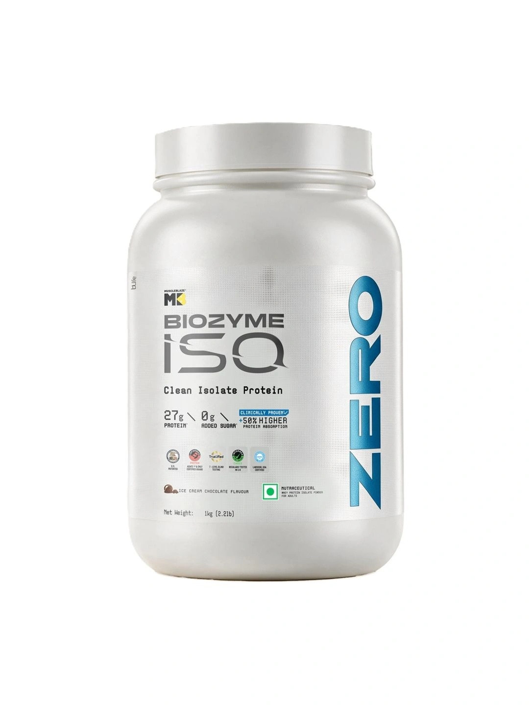 MuscleBlaze Biozyme Iso-Zero, 100% Pure Whey Protein Isolate-Ice Cream Chocolate - 1kg