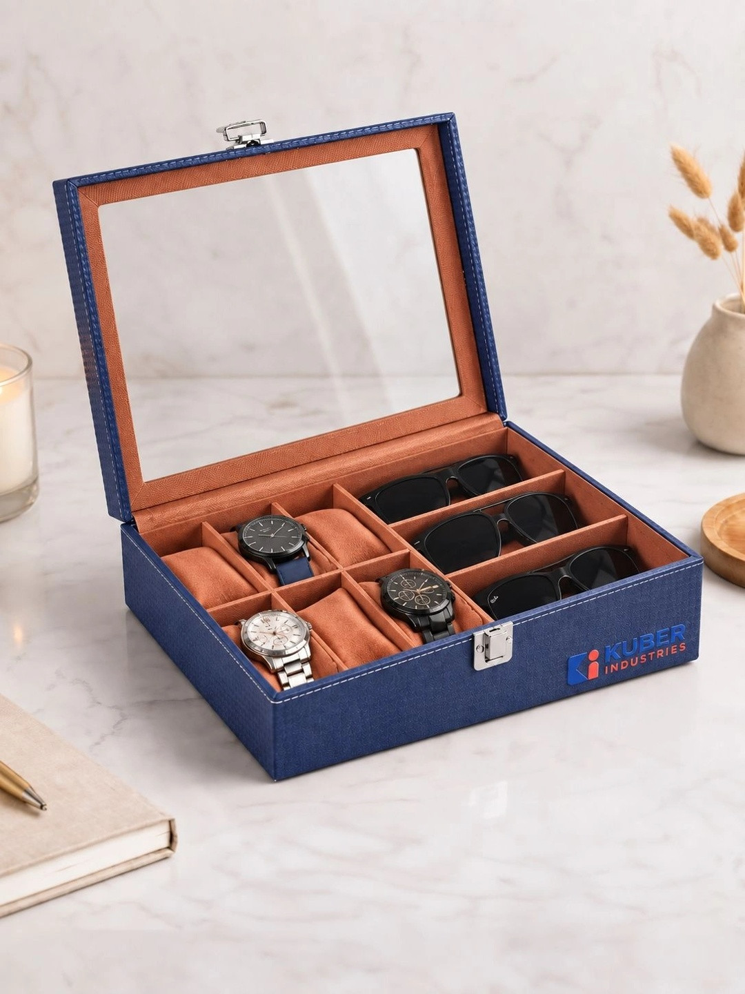Kuber Industries 6+3 Slots Navy Blue Premium Faux Leather Wrist Watch Organiser watch box