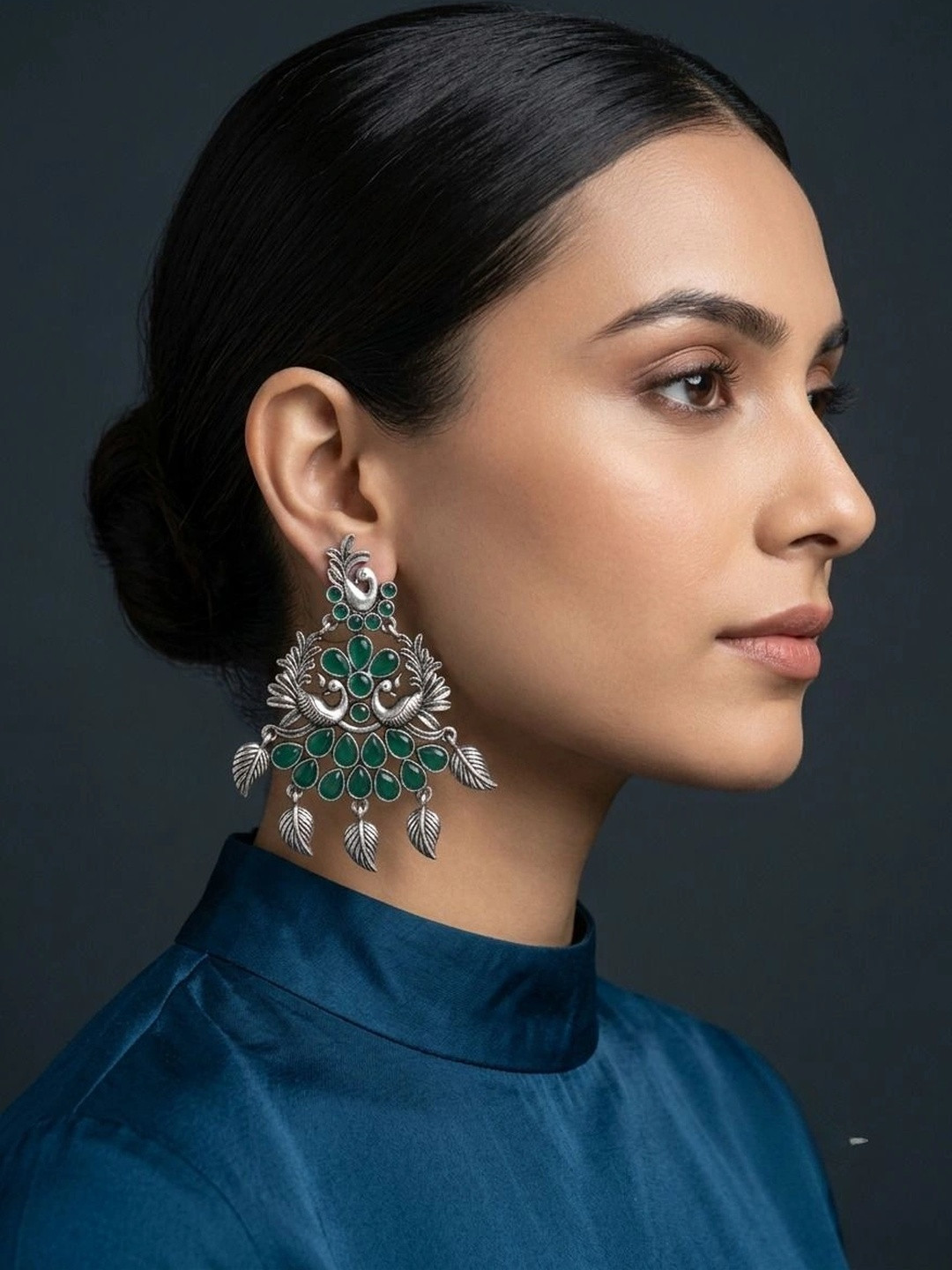 Oxidized Green Stone Peacock Drop Earrings with Leaf Charms