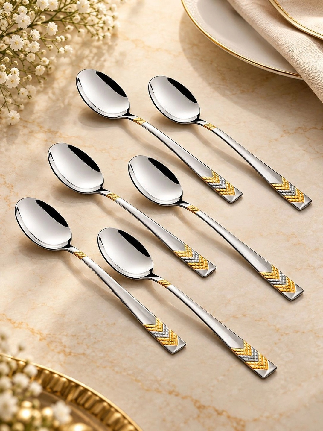 FNS Raga 6-Pcs Silver-Toned 24KT Gold-Plated Stainless Steel Dual-Toned Dessert Spoons