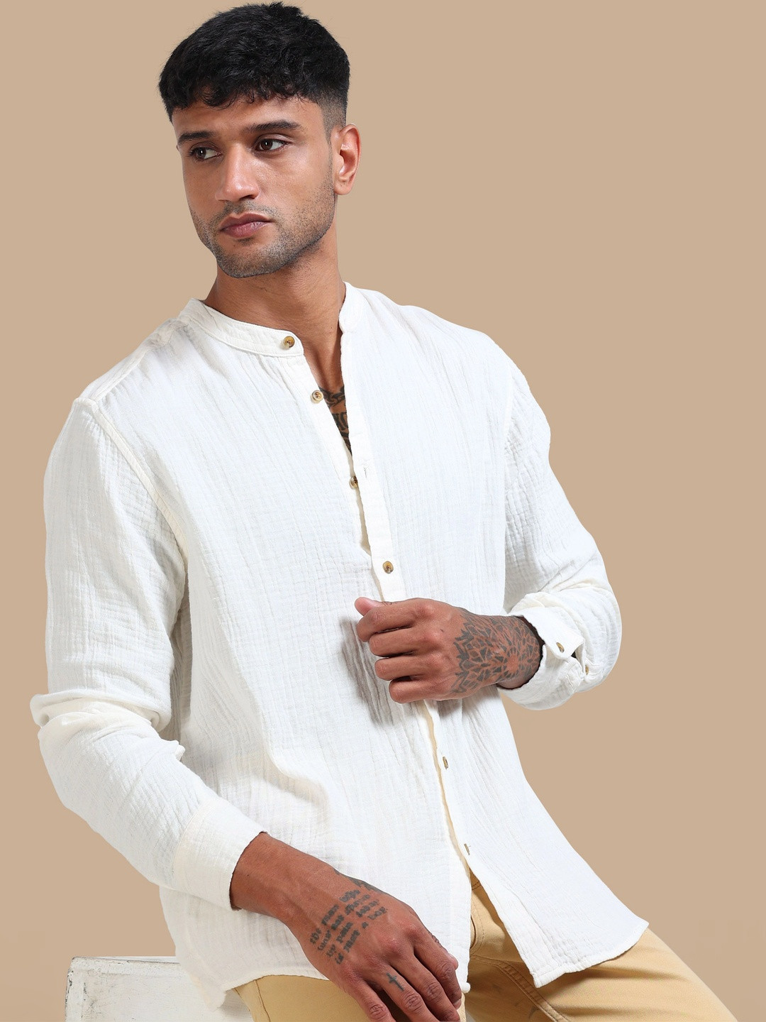StitchX Men Solid Standard Fit Mandarin Collar Shirt