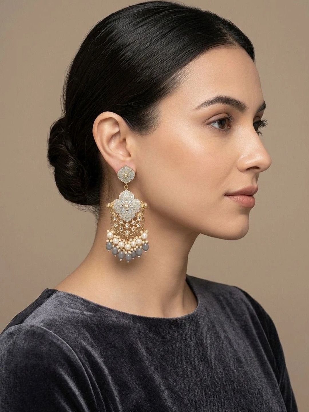 Gold-Plated Grey Meenakari Kundan Long Drop Earrings with Beads
