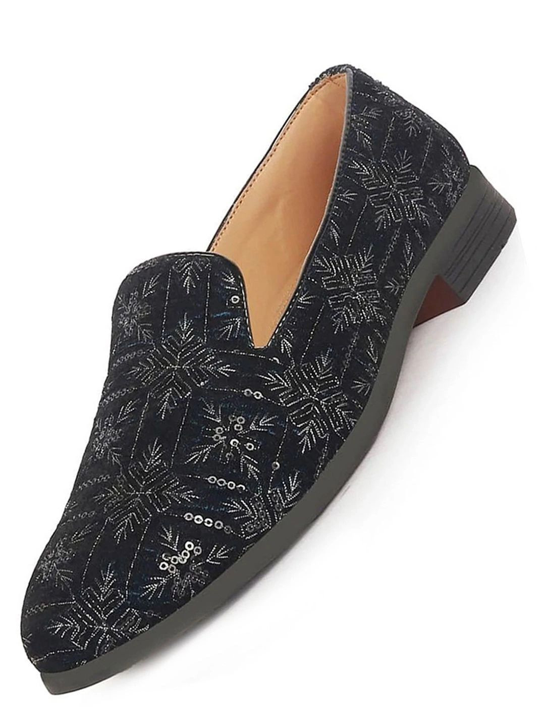 FAUSTO Men Ethnic Velvet Sequin Embroidered Prom Slip On Juttis and Mojaris for Wedding
