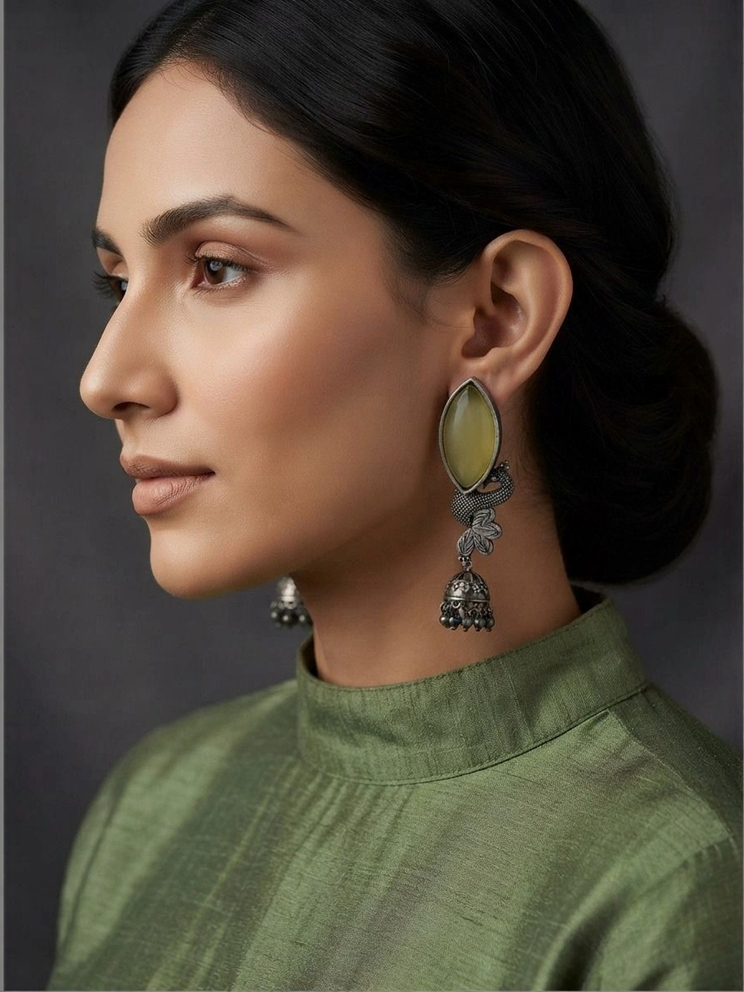 Oxidized Silver-Toned Yellow Stone Studded Peacock Motif Linear Jhumka Drop Earrings