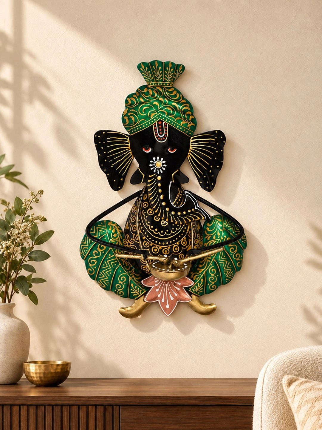 Golden Peacock Lord Ganesh Playing Musical Instrument Metal Spiritual Wall Decor-10.6In