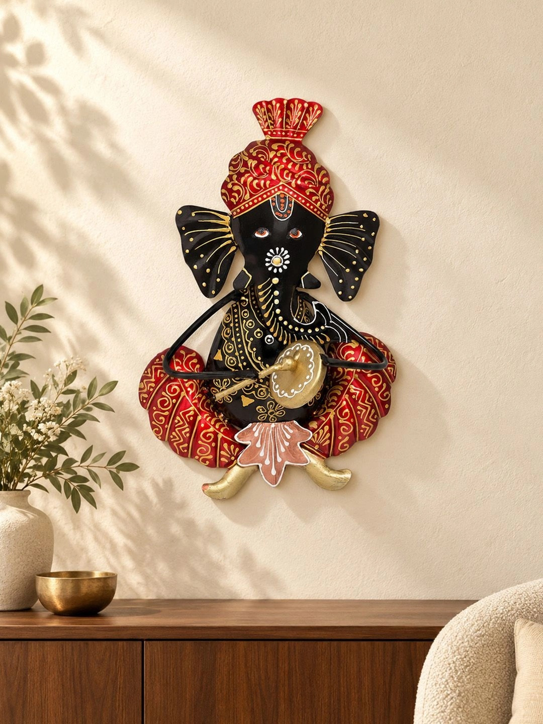 Golden Peacock Orange & Black Lord Ganesh Playing Musical Instrument Wall Hanging