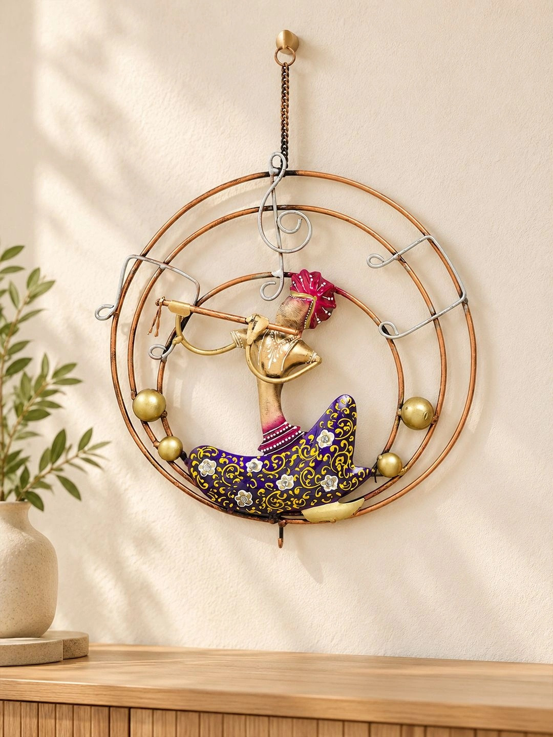 Golden Peacock Handpainted Musicians Hanging Metal Ethnic Motifs Glossy Wall Hangings-15In