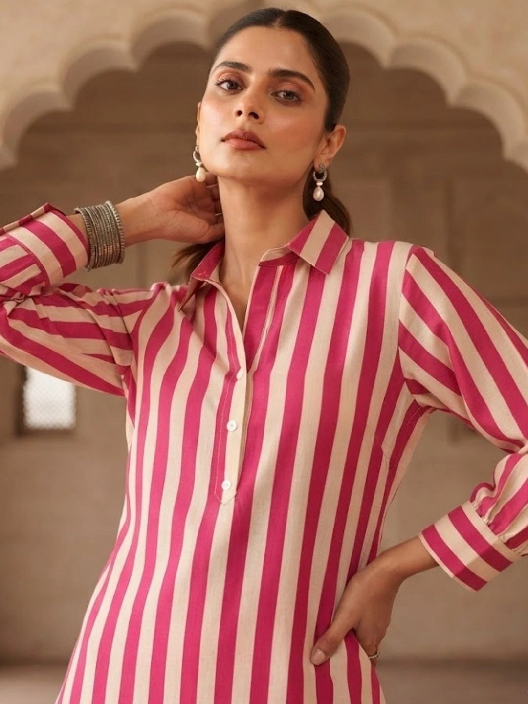 mokshi Women Striped Regular Pure Cotton Kurta with Palazzos