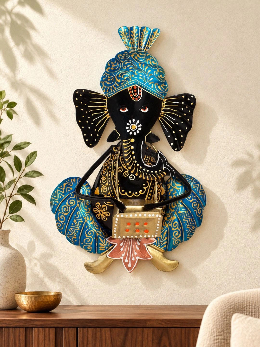 Golden Peacock Lord Ganesh Playing Musical Instrument Metal Spiritual Wall Decor-7.1In