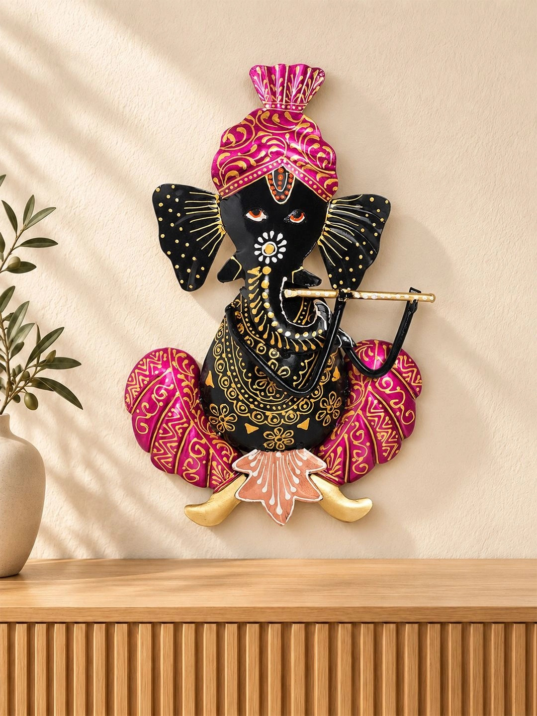 Golden Peacock Lord Ganesh Playing Musical Instrument Metal Spiritual Wall Decor-7.1In