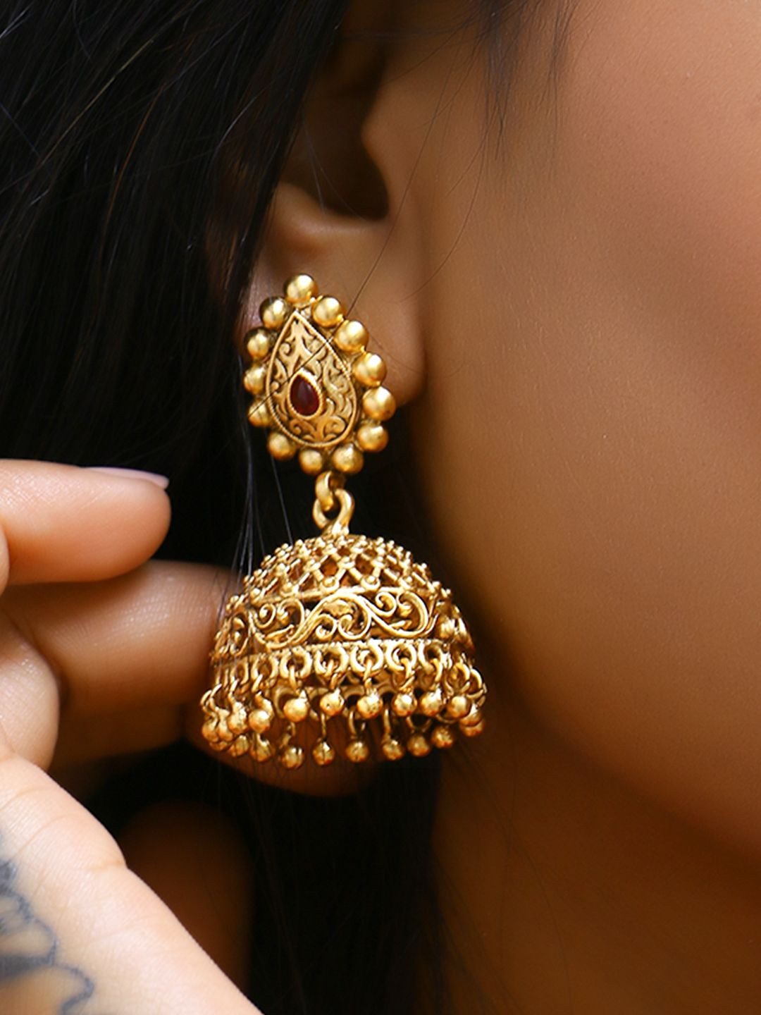 Anouk Red Gold Plated Pearl Beaded Dome Shaped Jhumkas