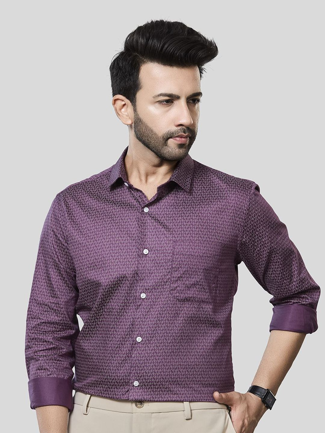 JONESBURG Men Classic Slim Fit Geometric Printed Cotton Formal Shirt