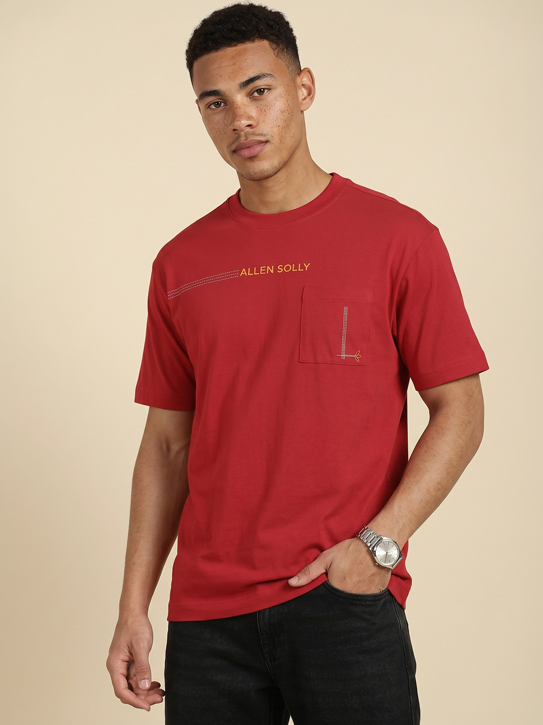Allen Solly Printed Detail Drop-Shoulder Sleeves Pure Cotton T-shirt