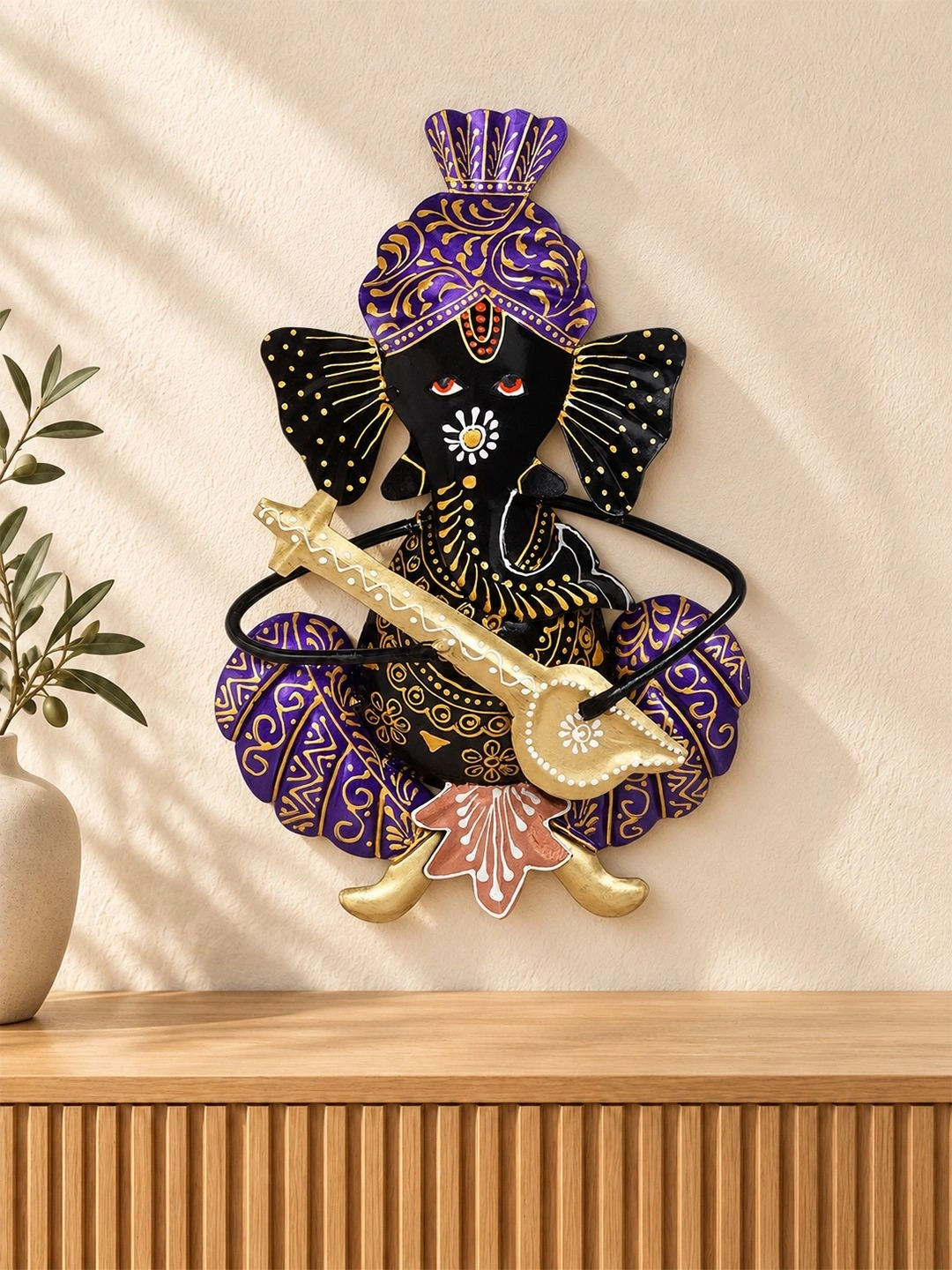 Golden Peacock Lord Ganesh Playing Musical Instrument Metal Spiritual Wall Decor-11In