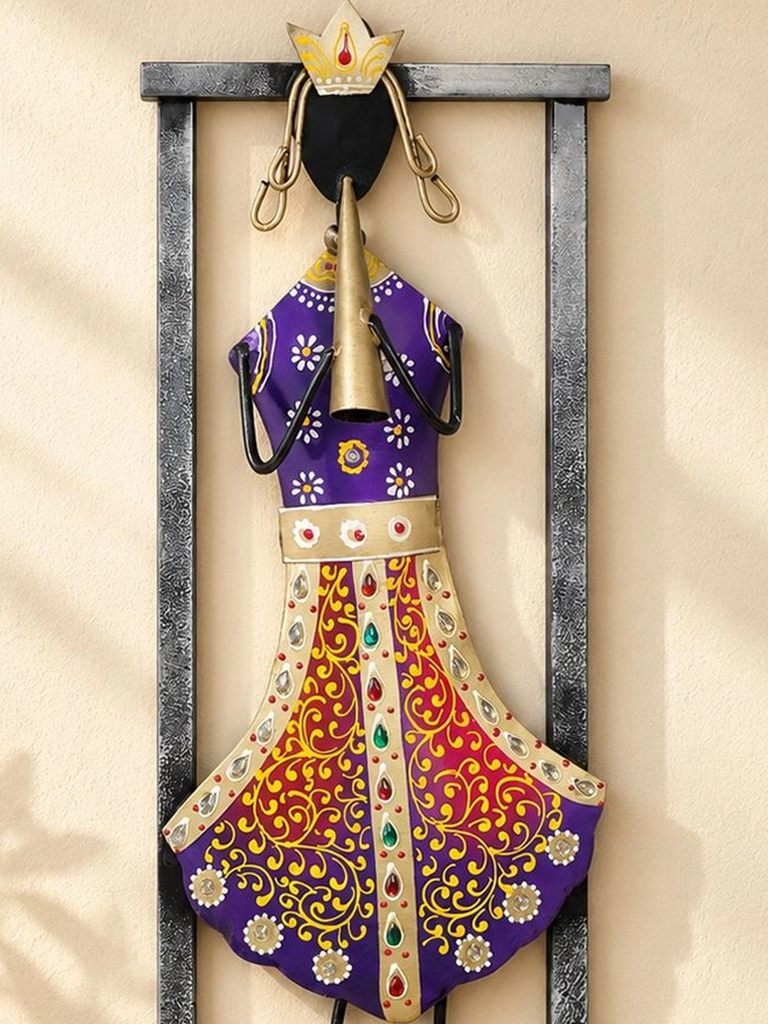 Golden Peacock Shehnai Playing Musician Metal Ethnic Motifs Glossy Wall Hangings-16.9In