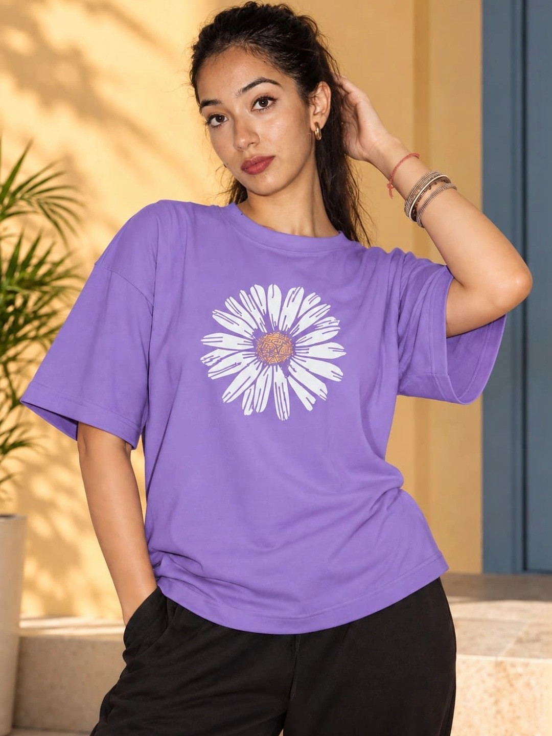 HELLCAT Floral Printed Round Neck Oversized Crop T-shirt