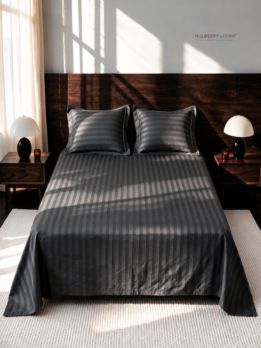 Mulberry Living Elysian Grey Striped Cotton 300 TC King Fine Bedsheet with 2 Pillow Covers-274 x 274 cm