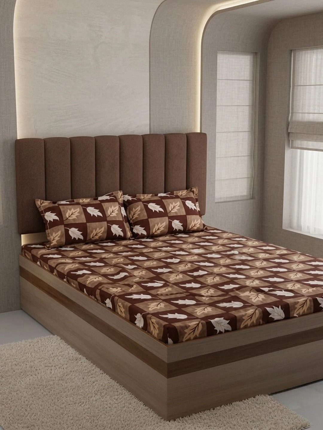 Adwitiya Brown Leaf Polycotton 210 TC Queen Fine Bedsheet with 2 Pillow Covers-90 x 100 inches