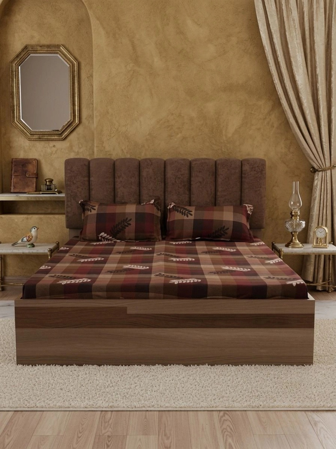 Adwitiya Brown Geometric Polycotton 210 TC Queen Fine Bedsheet with 2 Pillow Covers-90 x 100 inches