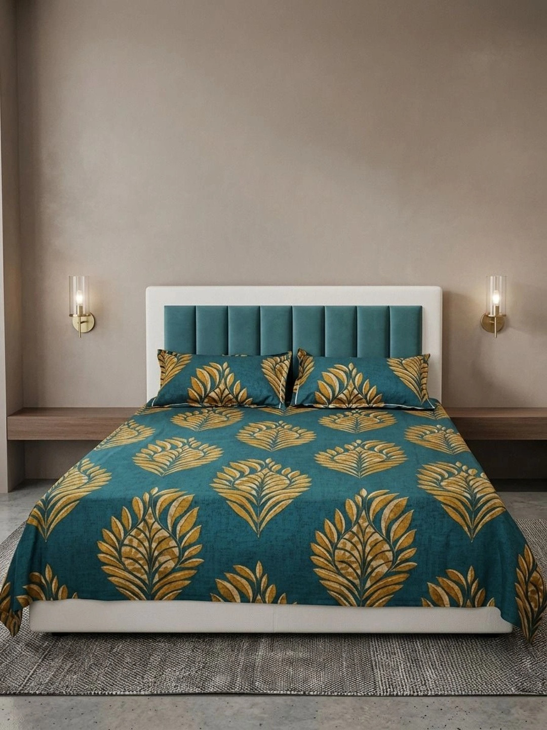 Adwitiya Green Leaf Polycotton 210 TC Queen Fine Bedsheet with 2 Pillow Covers-87 x 93 inches