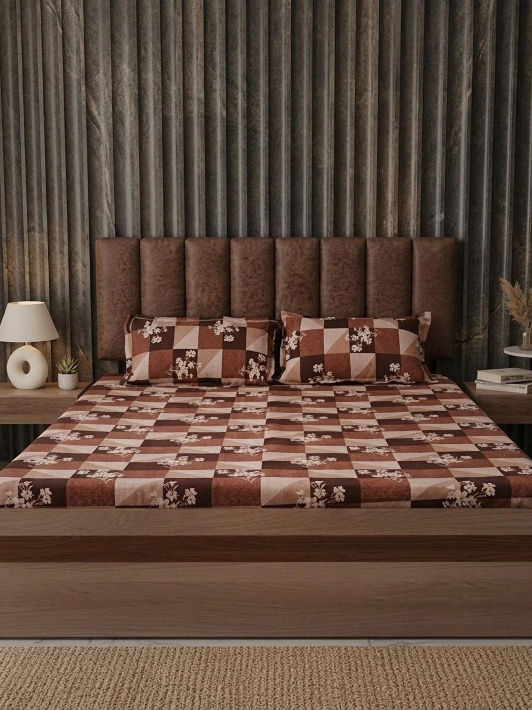 Adwitiya Brown Floral Polycotton 210 TC Double Fine Bedsheet with 2 Pillow Covers-90 x 100 inches