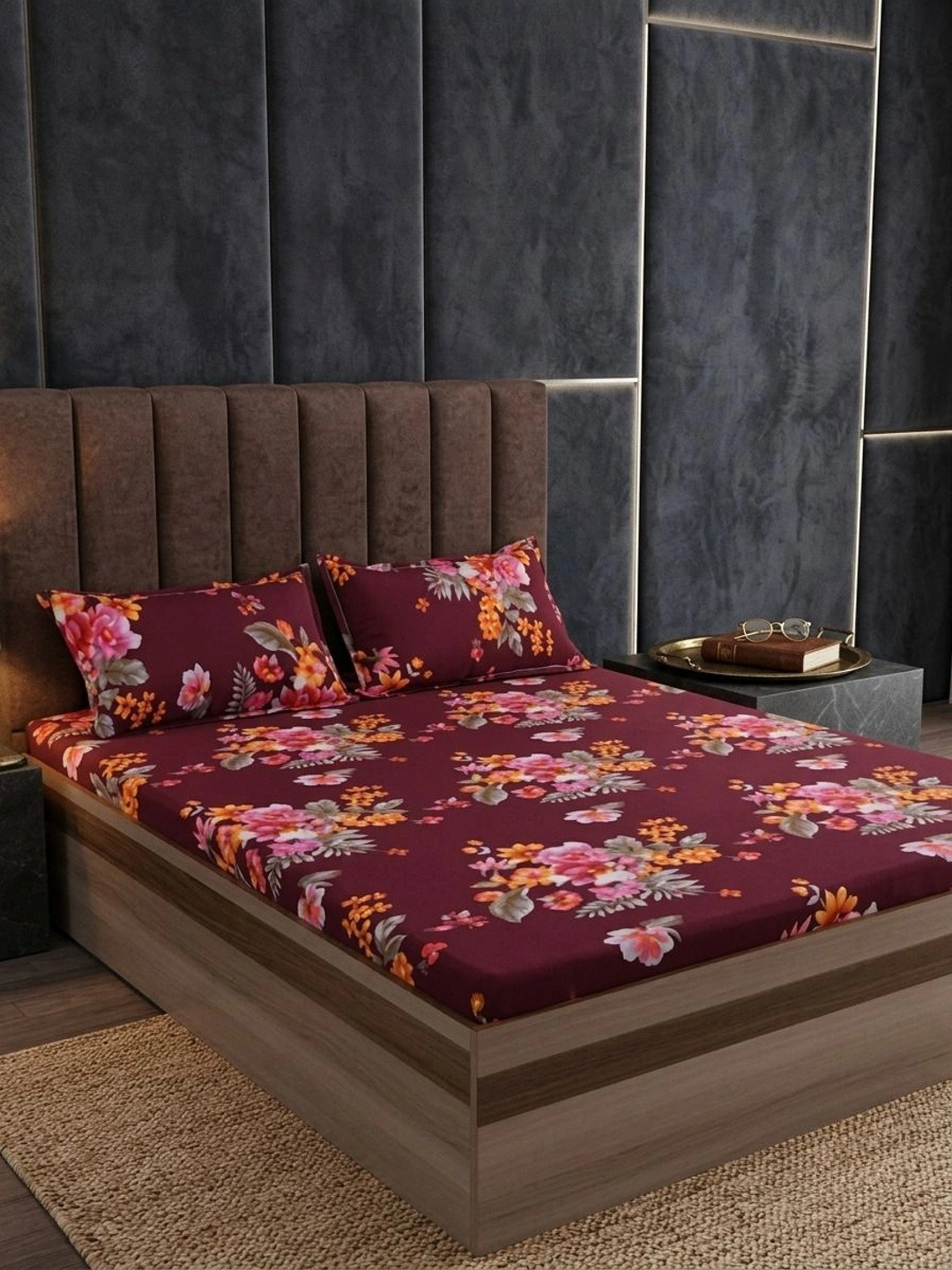 Adwitiya Maroon Floral Polycotton 210 TC Queen Fine Bedsheet with 2 Pillow Covers-87 x 93 inches