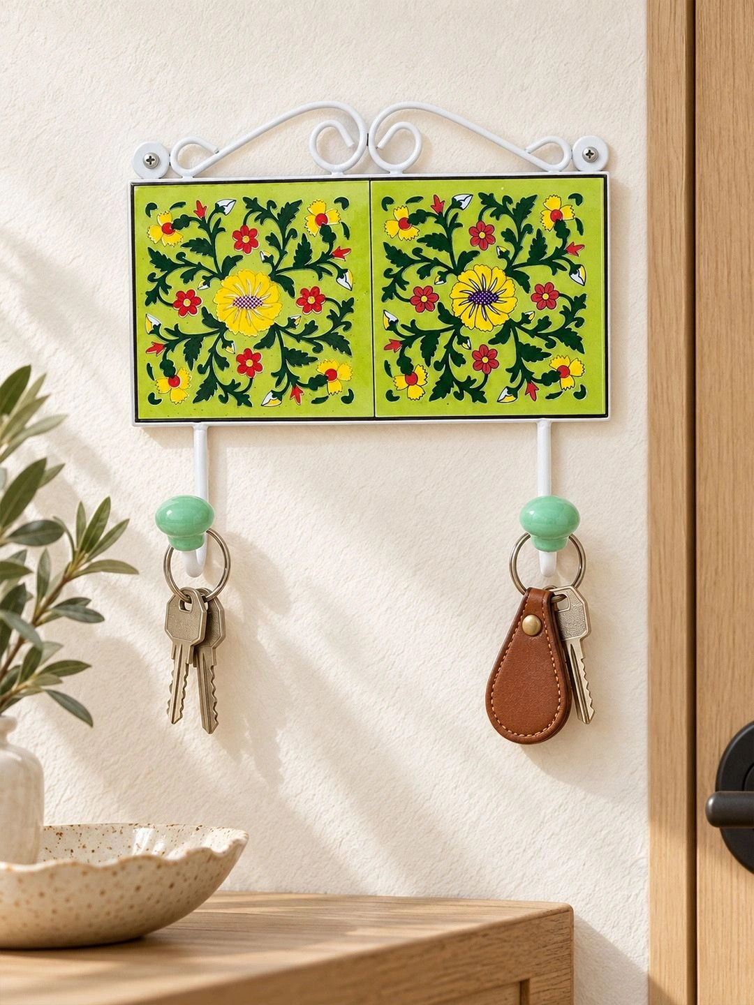 Golden Peacock Yellow & Green Traditional Pottery Art Handcrafted Wall Hooks