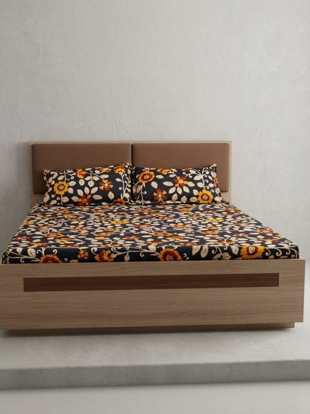Adwitiya Navy Blue Floral Polycotton 210 TC Queen Fine Bedsheet with 2 Pillow Covers-228 x 254 cm