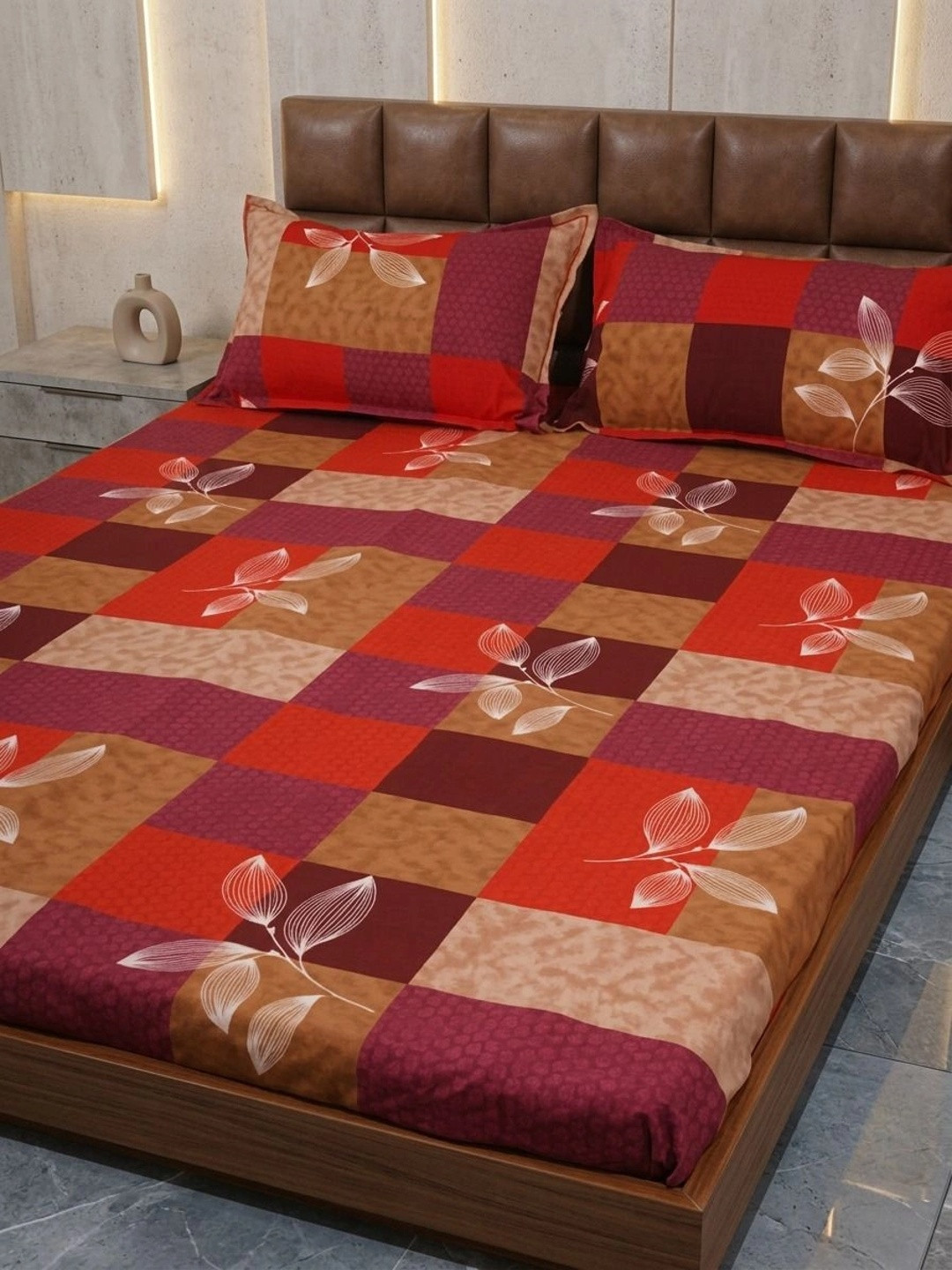 Adwitiya Red Leaf Polycotton 210 TC Queen Fine Bedsheet with 2 Pillow Covers-90 x 100 inches
