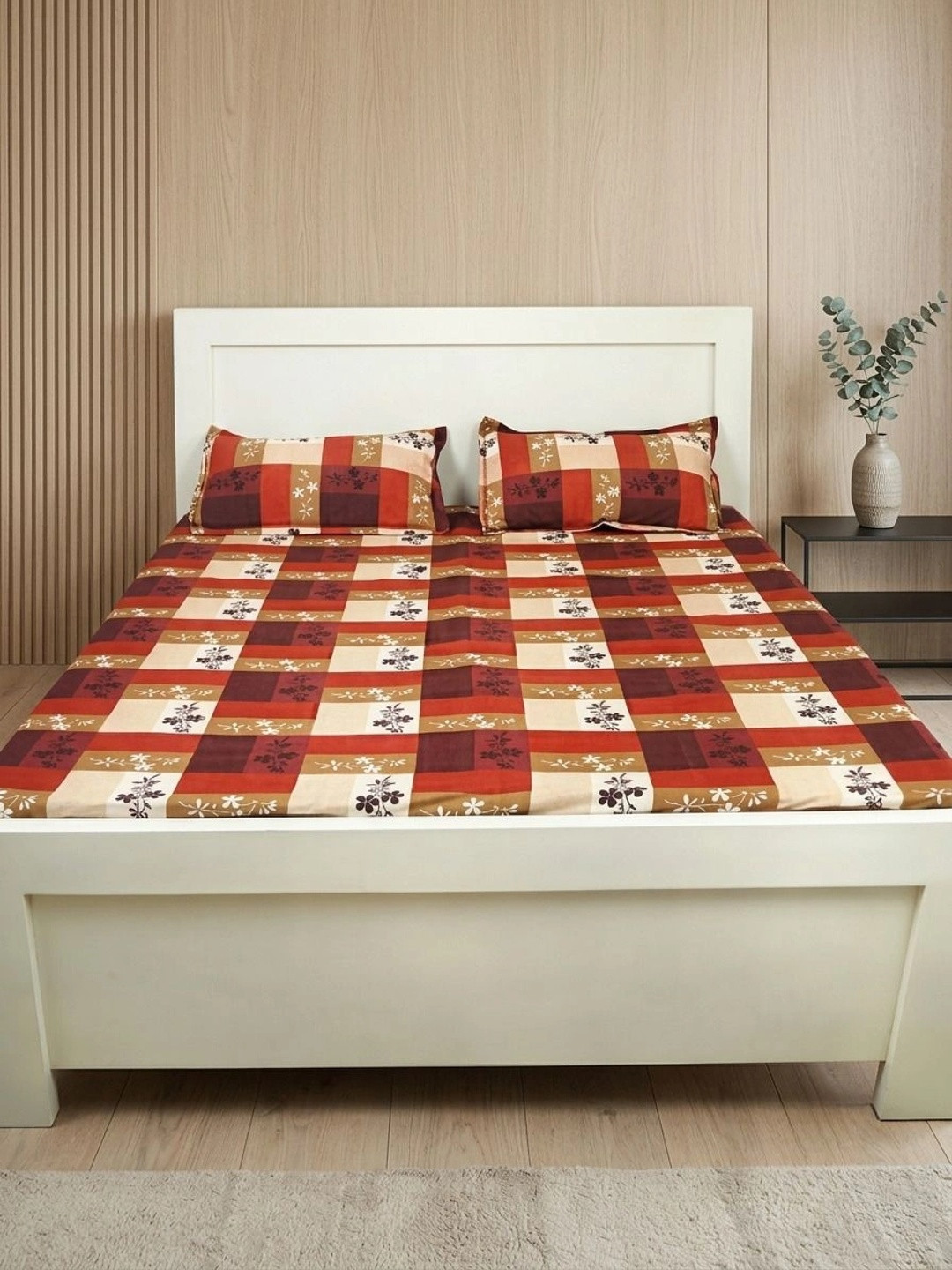 Adwitiya Red Floral Polycotton Soft Feel 210 TC Queen Fine Bedsheet with 2 Pillow Covers-90 x 100 inches