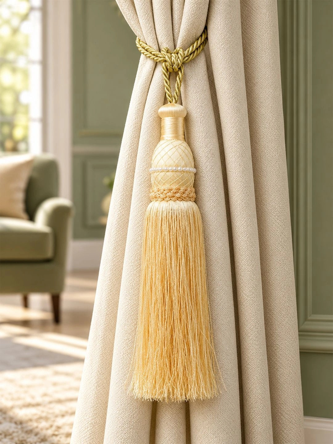 Kuber Industries Cream-Color Eco Friendly Moti Kit Pit Curtain Tie-Back With Tassel