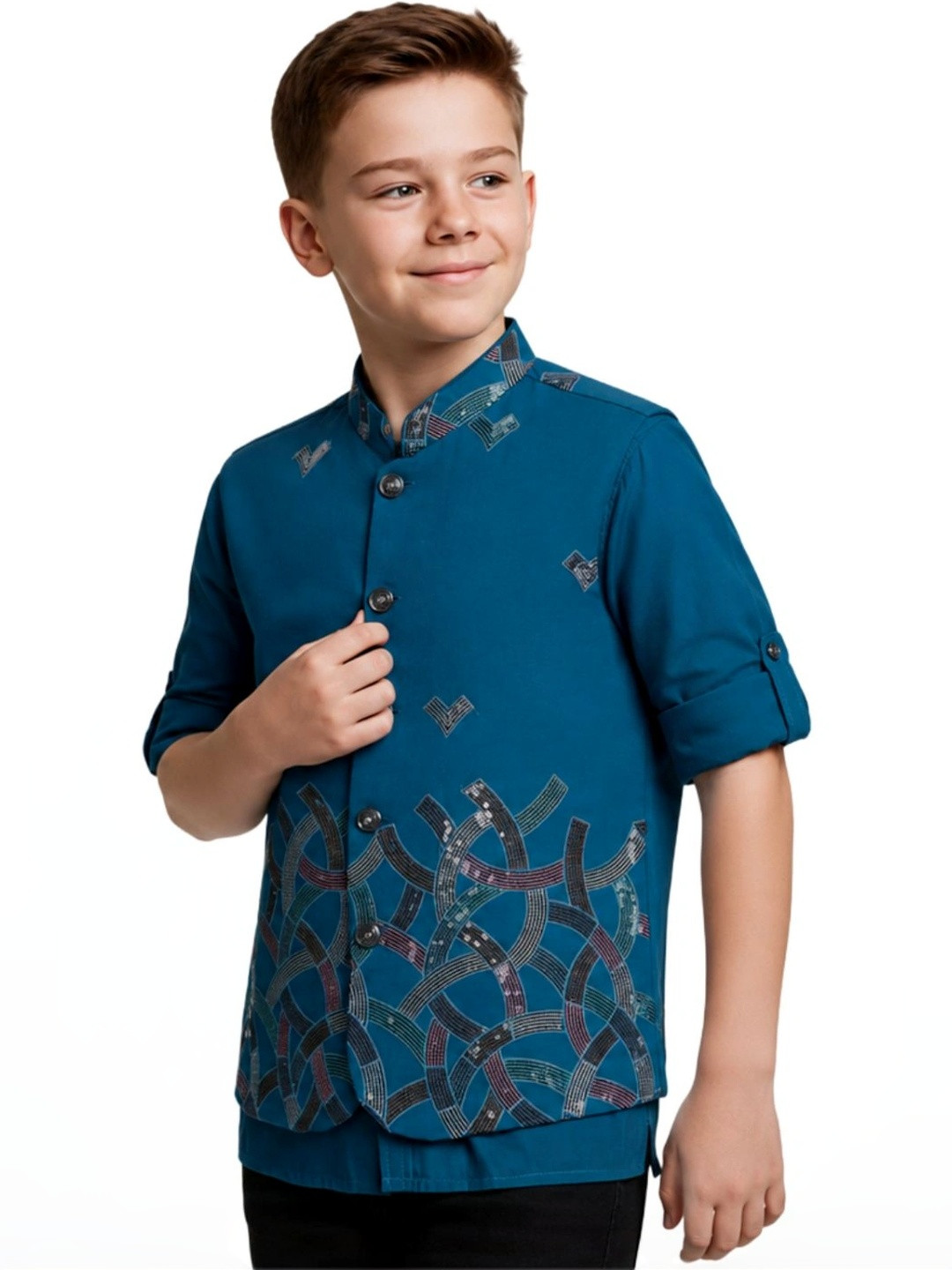 CHARCHIT Boys Ethnic Printed Nehru Jacket With Shirt