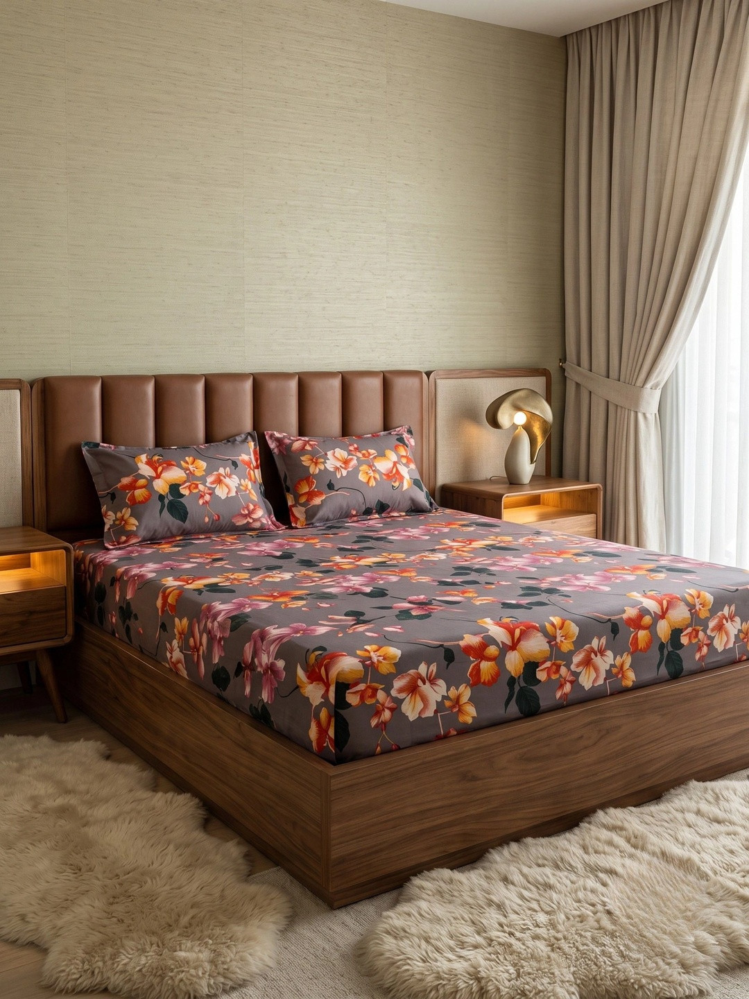 Adwitiya Grey Floral Polycotton 210 TC Queen Fine Bedsheet with 2 Pillow Covers-90 x 100 inches