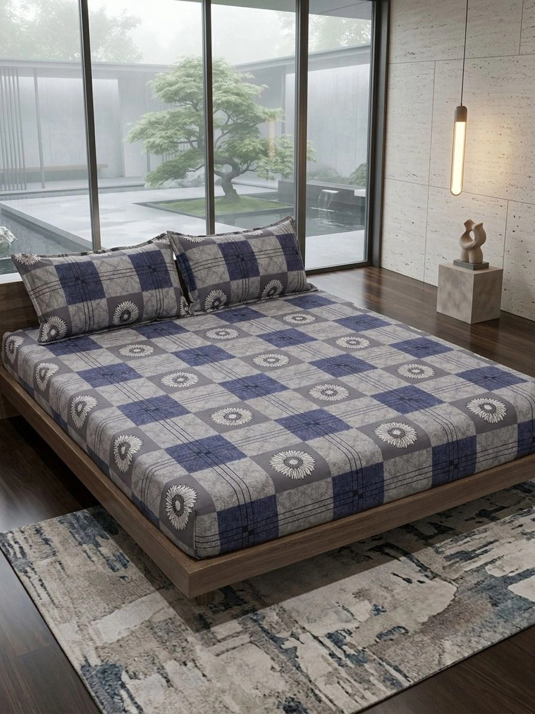 Adwitiya Blue Floral Polycotton 210 TC Queen Fine Bedsheet with 2 Pillow Covers-228 x 254 cm