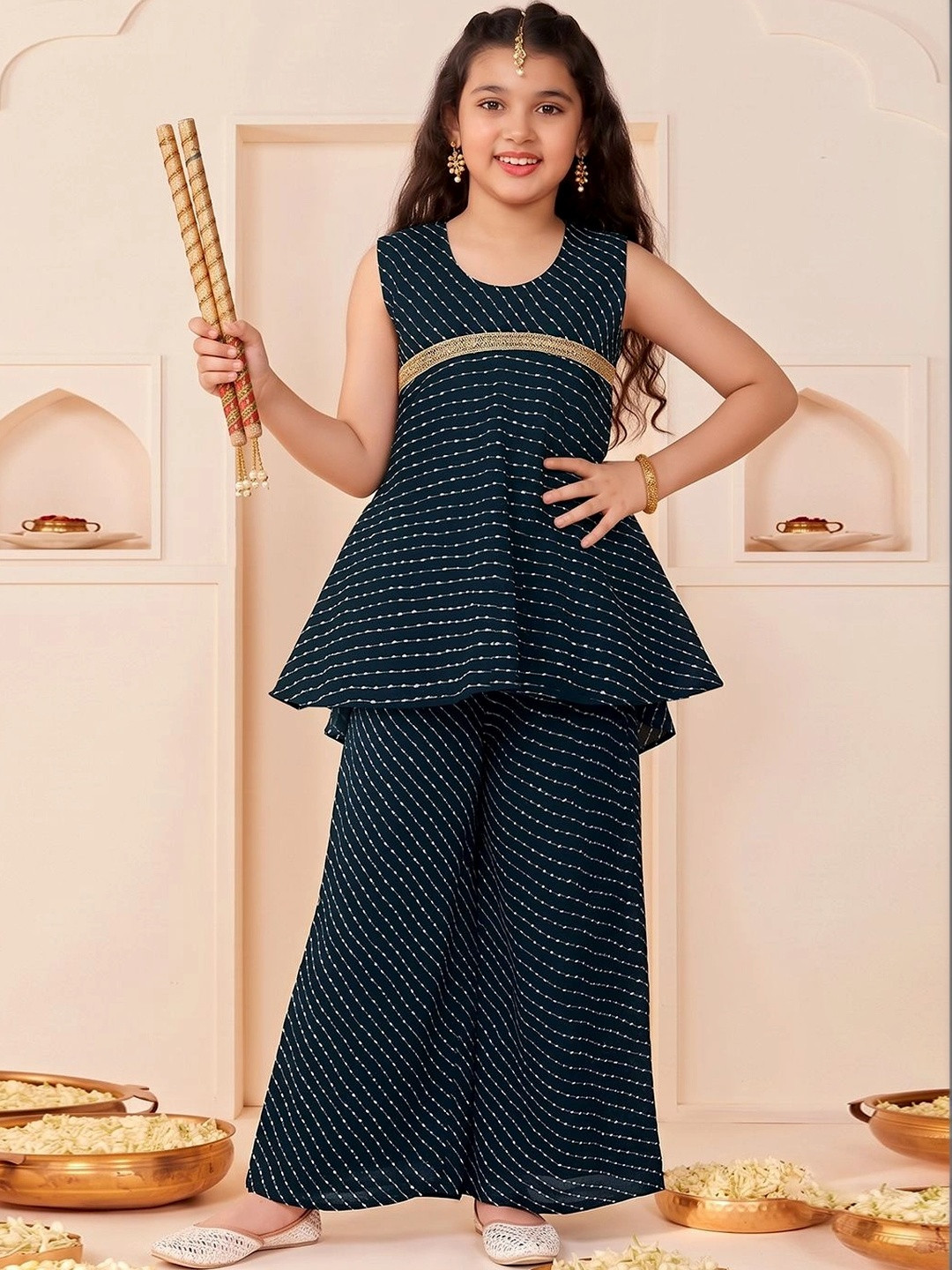 FASHION DREAM Girls Leheriya Printed Sequinned Georgette A-Line Kurti With Palazzo