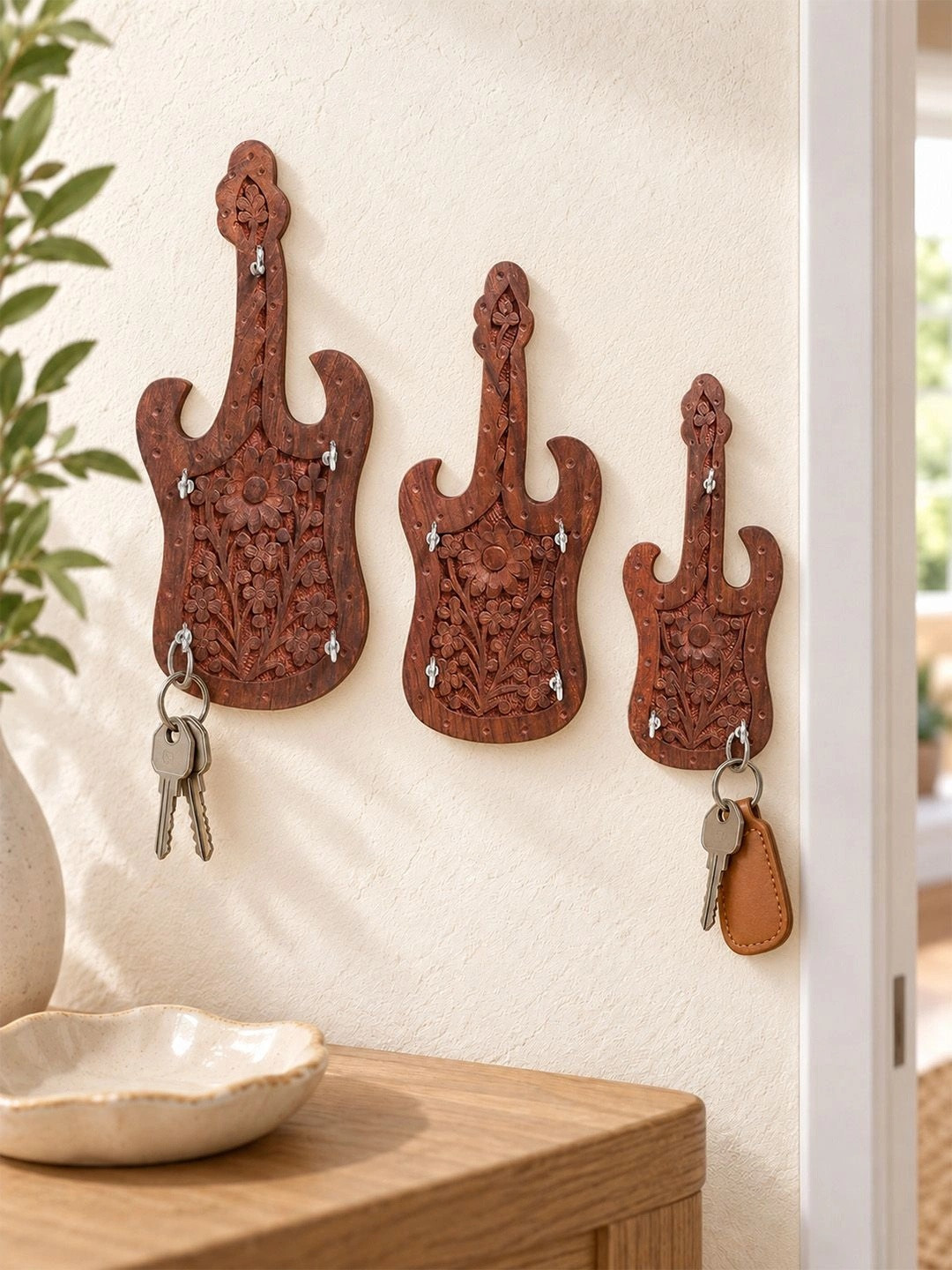 Golden Peacock Set Of 3 Brown Guitar Design Wooden Wall Hanging Key Holder