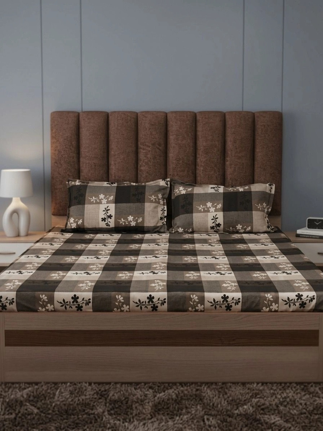 Adwitiya Brown Floral Polycotton 210 TC Queen Fine Bedsheet with 2 Pillow Covers-228 x 254 cm