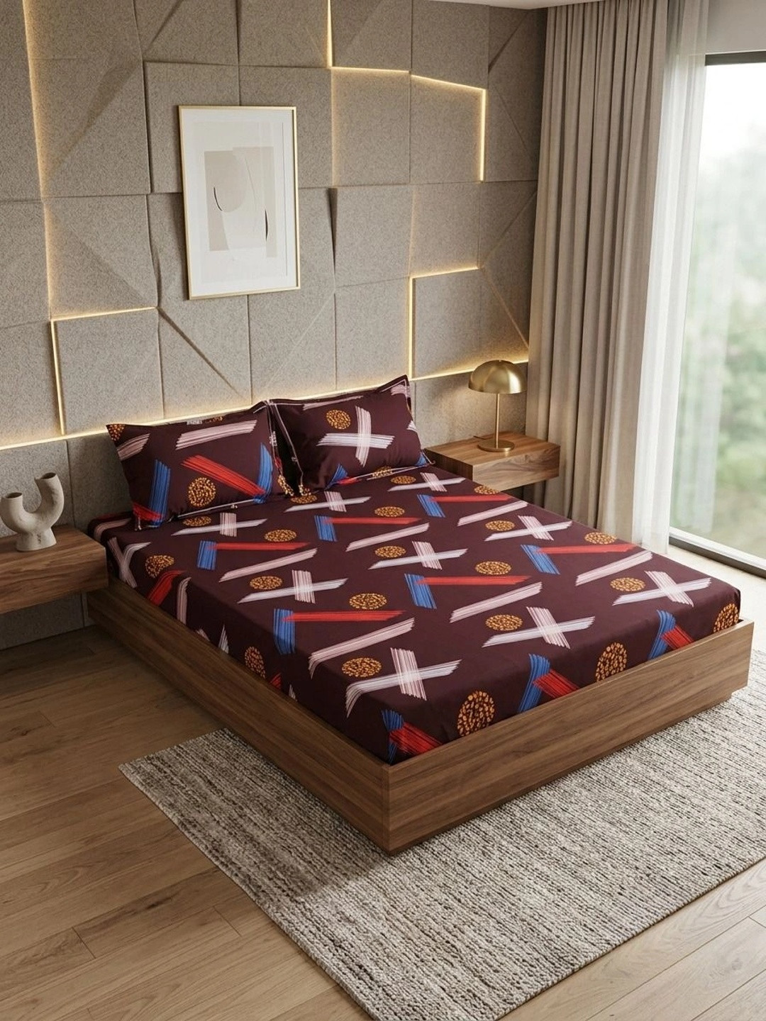 Adwitiya Brown Abstract Polycotton 210 TC Fitted Queen Fine Bedsheet with 2 Pillow Covers-90 x 100 inches