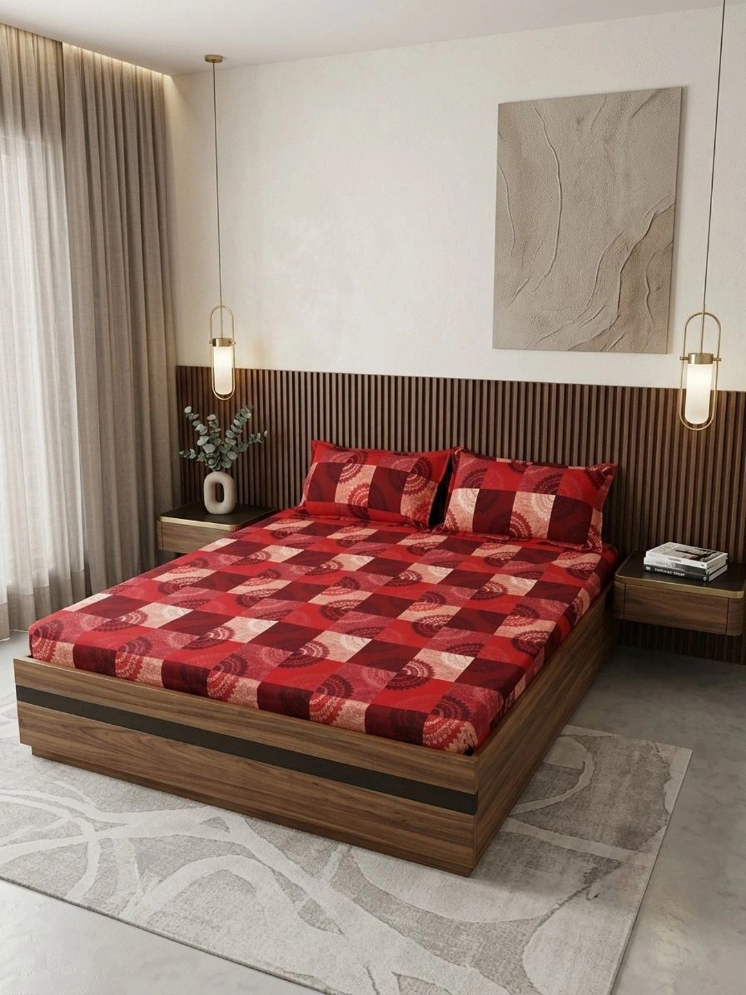 Adwitiya Red Ethnic Motifs Polycotton 210 TC Queen Fine Bedsheet with 2 Pillow Covers-90 x 100 inches
