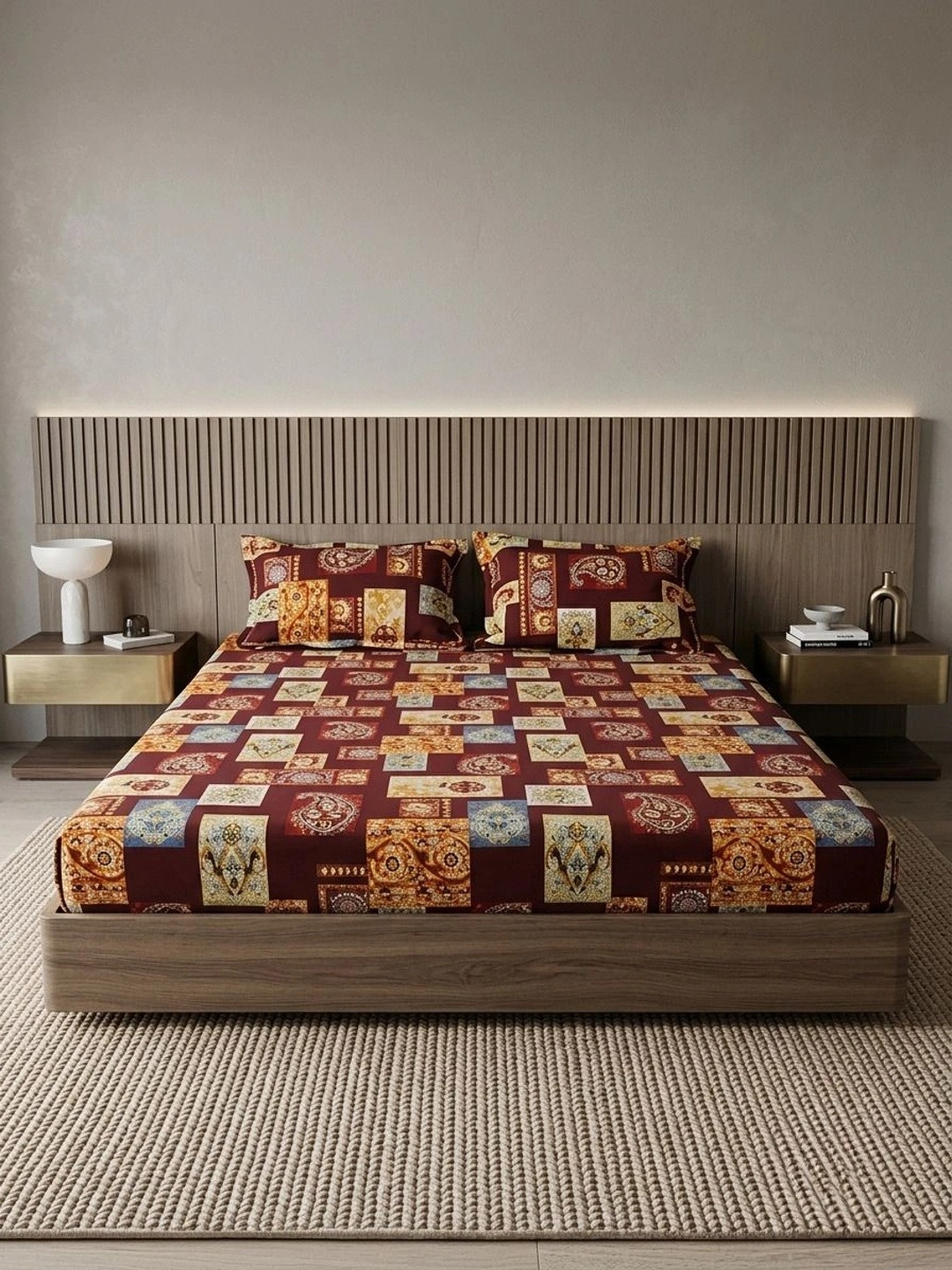 Adwitiya Maroon Ethnic Motifs Polycotton 210 TC Queen Fine Bedsheet with 2 Pillow Covers-90 x 100 inches