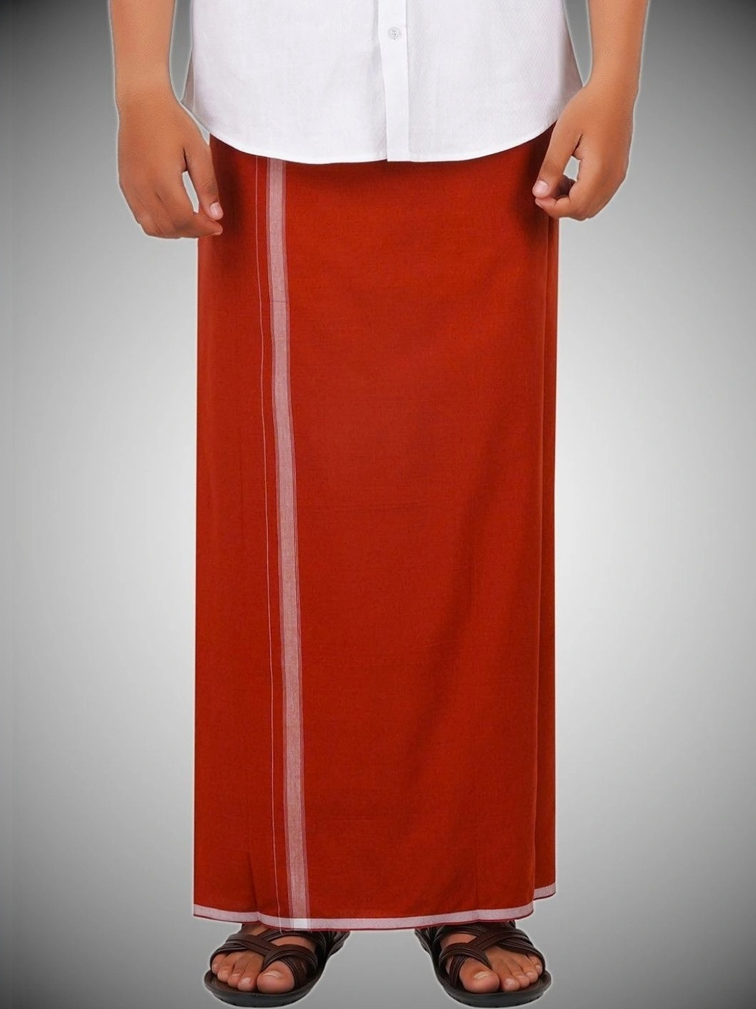 ETHAZH Men Cotton Kavi Colour Dhoti With White Border