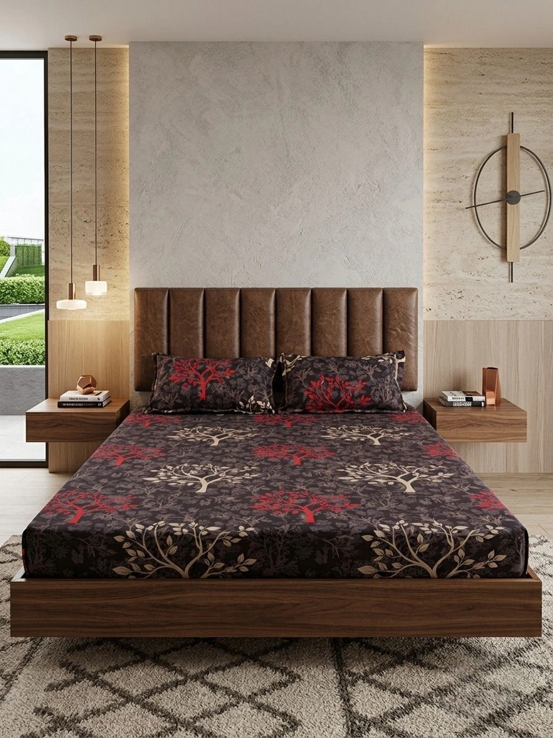 Adwitiya Tree Design Brown Floral Polycotton 210 TC Queen Fine Bedsheet with 2 Pillow Covers-90 x 100 inches