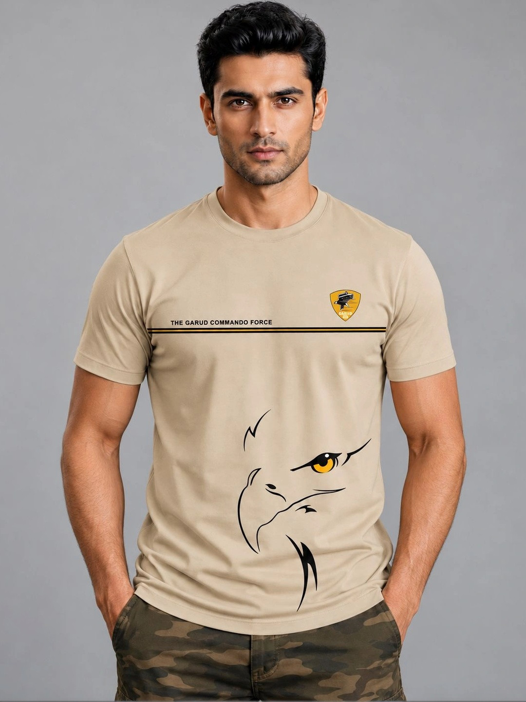 Warrior World Men Beige Graphic Printed Cotton Round Neck T-shirt
