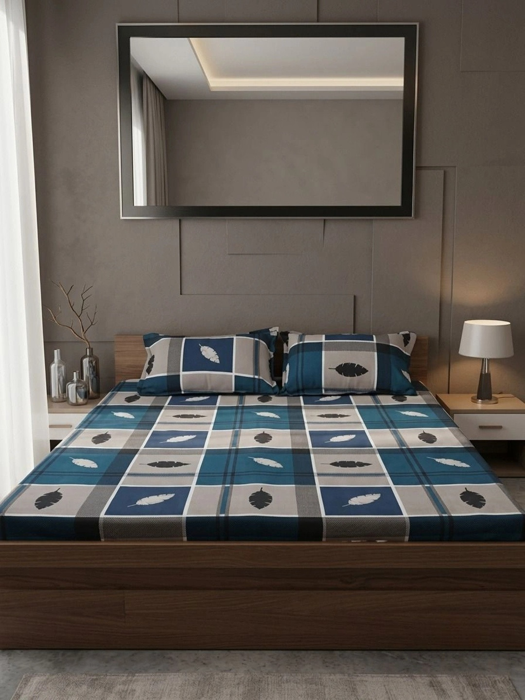 Adwitiya Blue Geometric Polycotton 210 TC Queen Fine Bedsheet with 2 Pillow Covers-59 x 87 inches