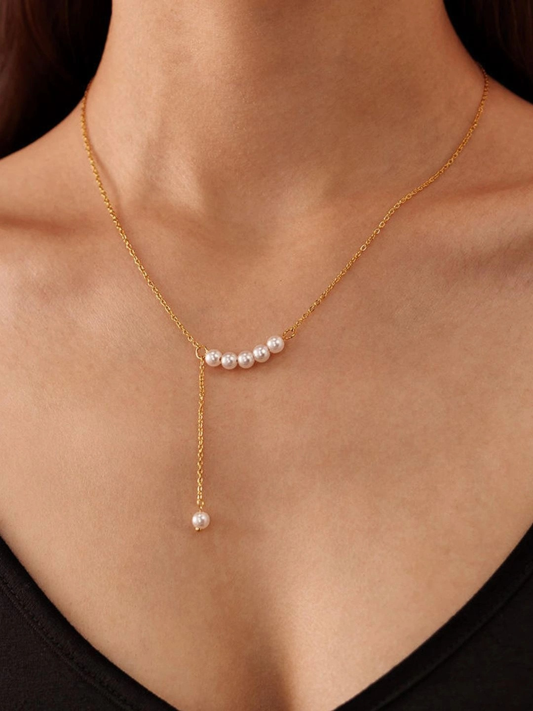 DIVING SWAN Women 18K Thick Gold Plated Ina Pearl Line Drop Necklace