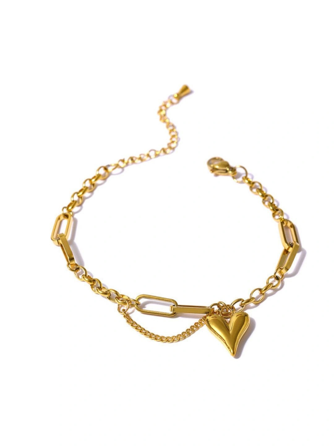 DIVING SWAN Women 18K Thick Gold Plated Inaaya Puffy Heart Link Charm Bracelet