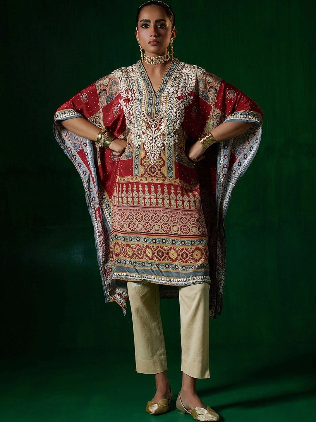 House of Chikankari Women Rust Printed Crepe Kaftan Kurta