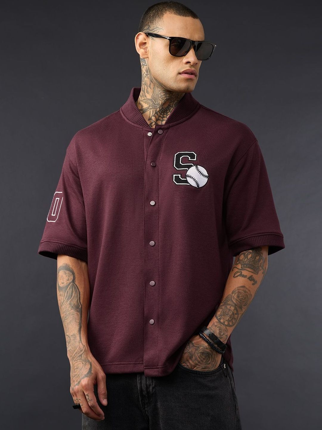 The Souled Store Men Oversized Fit Printed Maroon Baseball Shirts